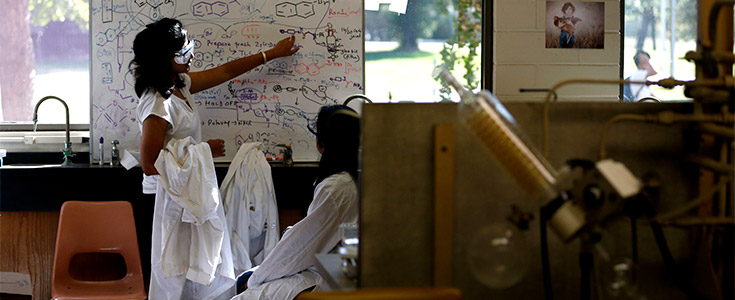 Two chemistry students with their labcoats working on compounds in front a white board