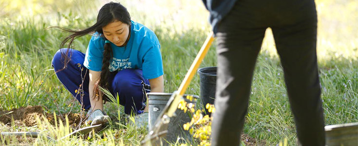 Fresno State student planting new plants during Alternative Spring Break offered through the Richter Center